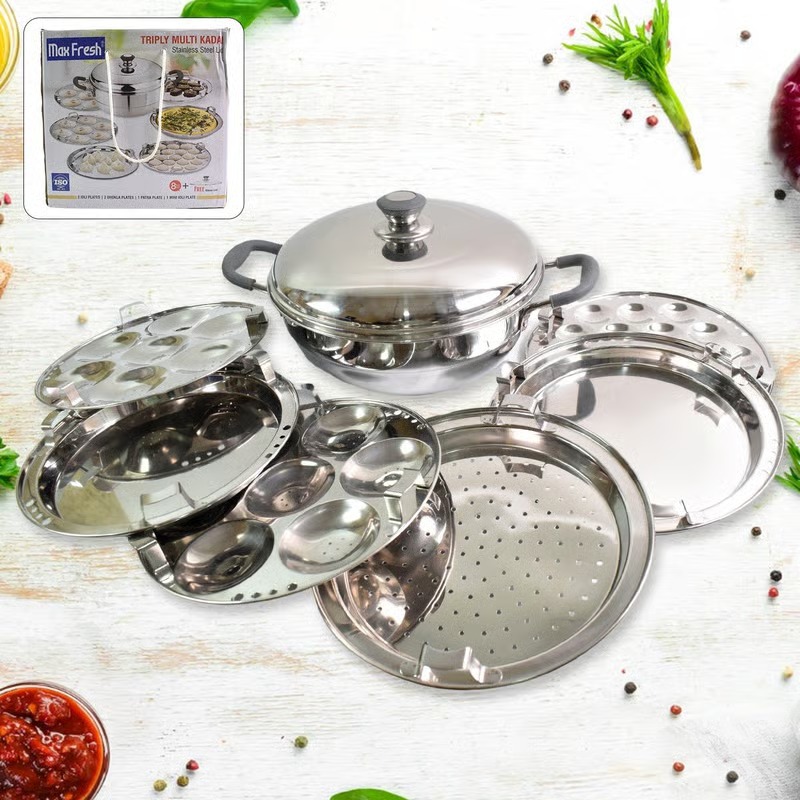 Stainless Steel Triply Multi Kadai idli, dhokla, Patra, Mini idli plates, kadai with Lid (8 Pcs Set / Free Glass Transparent Lid)