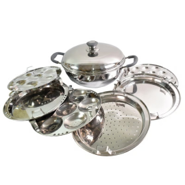 Stainless Steel Triply Multi Kadai idli, dhokla, Patra, Mini idli plates, kadai with Lid (8 Pcs Set / Free Glass Transparent Lid)
