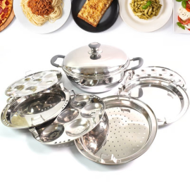 Stainless Steel Triply Multi Kadai idli, dhokla, Patra, Mini idli plates, kadai with Lid (8 Pcs Set / Free Glass Transparent Lid)