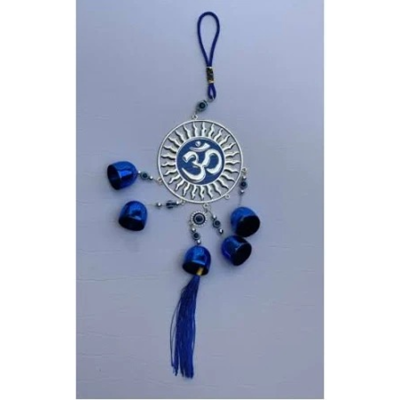 Evil Eye Wall Hanging Wind Chime, Blue Glass Bells with Silver Owl Design and Tassel, Traditional Home Decor (Pack of 2)