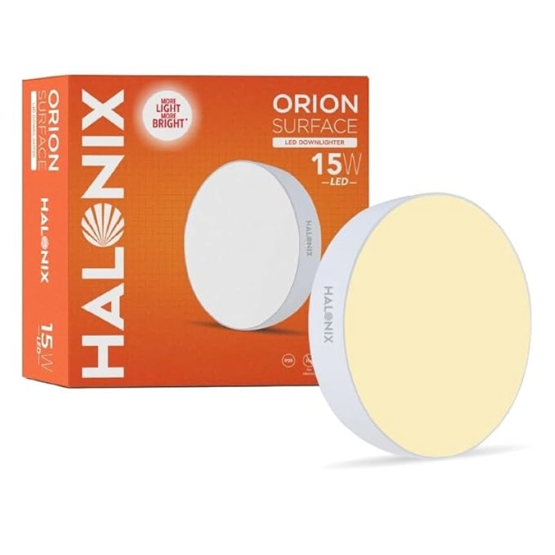 Halonix Polycarbonate 15W Warm White Yellow Orion Round Led Rimless Surface Downlighter Led Ceiling Light for Home, Shop and Office Pack of 1, Warm White Yellow