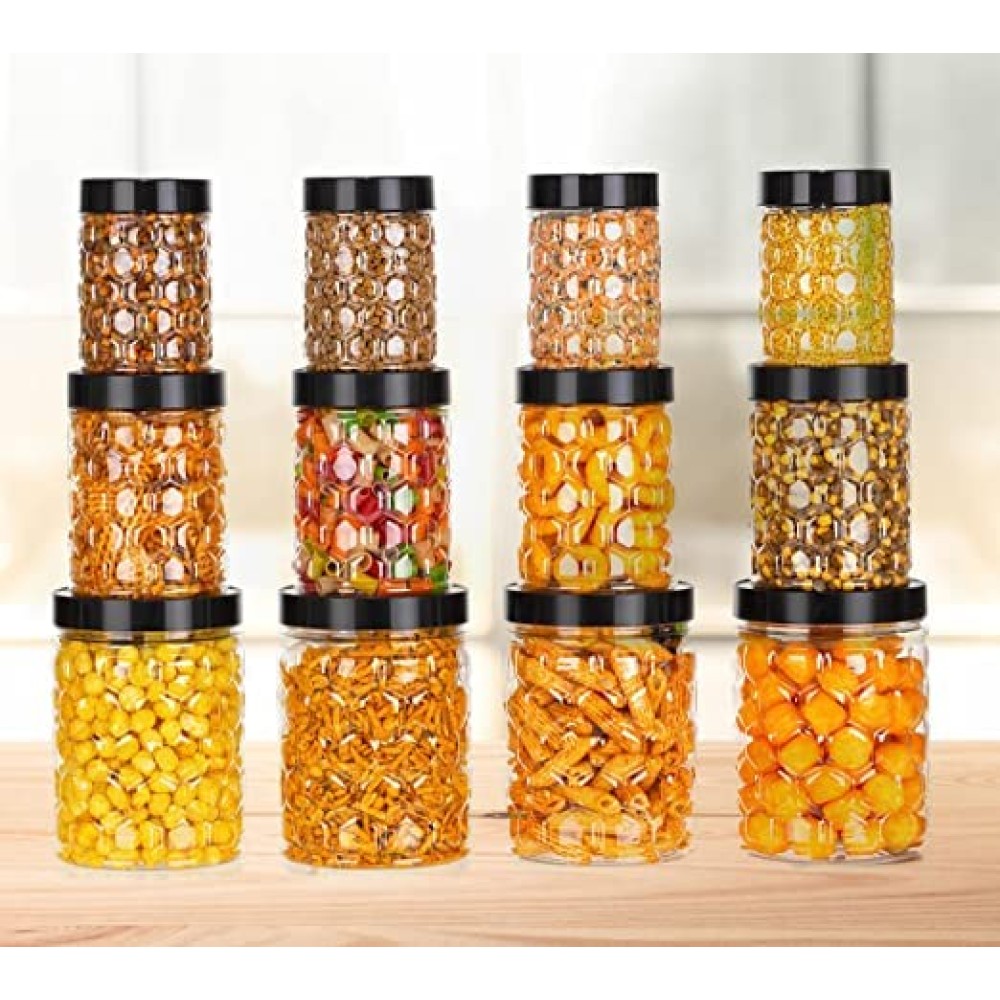 Checkers jars and containers set plastic for Kitchen Storage Set Of 12,18,24 1200 Ml, 650 Ml, 350 Ml Transparent suitable for kitchen Storage in RacK set of 12 (Black)