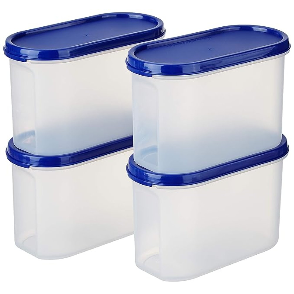 Solimo Modular Plastic Storage Container With Airtight Lid BPA-Free Plastic Microwave Safe Dishwasher Safe 1.2 Litres Set of 4 (Blue)