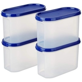 Solimo Modular Plastic Storage Container With Airtight Lid BPA-Free Plastic Microwave Safe Dishwasher Safe 1.2 Litres Set of 4 (Blue)