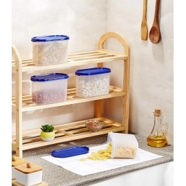 Solimo Modular Plastic Storage Container With Airtight Lid BPA-Free Plastic Microwave Safe Dishwasher Safe 1.2 Litres Set of 4 (Blue)