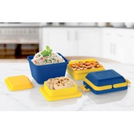 Plastic Dieting Airtight Lunch/Tiffin Box Set 3 Compartment Tiffin with Handle & Push Lock for Travelling, School Kids & Office,Blue