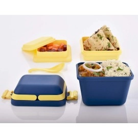 Plastic Dieting Airtight Lunch/Tiffin Box Set 3 Compartment Tiffin with Handle & Push Lock for Travelling, School Kids & Office,Blue