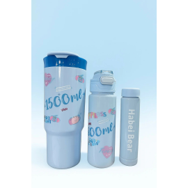Set of 3 Blue Cartoon Water Bottles for Kids – Leak-Proof BPA-Free Plastic Sipper Bottles with Flip Lid & Cute Animal Prints (1500ml, 800ml, 500ml)