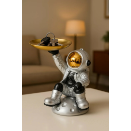 Astronaut Decorative Tray Holder – Space-Themed Resin Astronaut Figurine with Golden Platter for Keys, Snacks, Jewellery & Accessories – Futuristic Home Decor for Tabletop, Entryway, or Gifting