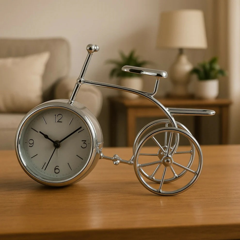 Vintage Bicycle Shape Table Clock – Retro Style Metal Analog Desk Clock with Silver Finish for Living Room, Office, and Home Decor – Unique Gift for Men, Women, and Bike Lovers