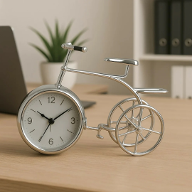 Vintage Bicycle Shape Table Clock – Retro Style Metal Analog Desk Clock with Silver Finish for Living Room, Office, and Home Decor – Unique Gift for Men, Women, and Bike Lovers