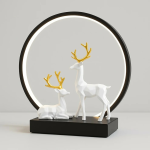 Modern LED Ring Deer Figurine Showpiece – Elegant White Resin Deer Couple with Golden Antlers and Ambient Light – Designer Table Lamp Sculpture for Home Decor, Bedroom, Office & Gifting