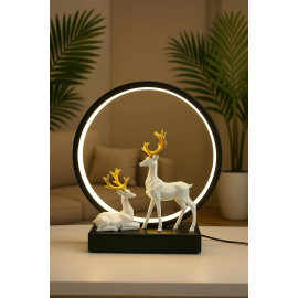 Modern LED Ring Deer Figurine Showpiece – Elegant White Resin Deer Couple with Golden Antlers and Ambient Light – Designer Table Lamp Sculpture for Home Decor, Bedroom, Office & Gifting