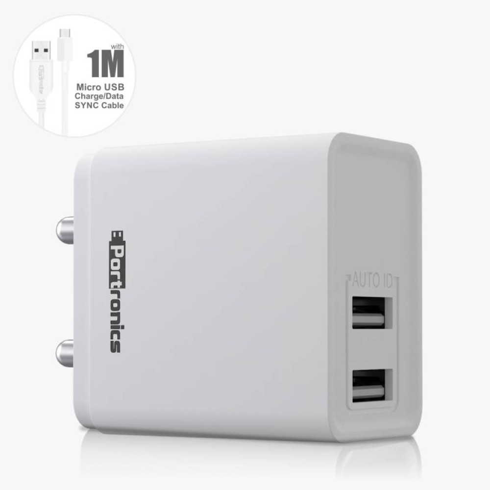 Portronics Adapto 648 POR-648, 2.4A Quick Charging Dual USB Port Wall Adapter with 1M Micro-USB Charging Cable (White)