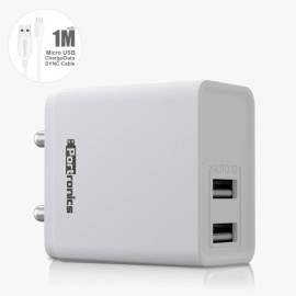 Portronics Adapto 648 POR-648, 2.4A Quick Charging Dual USB Port Wall Adapter with 1M Micro-USB Charging Cable (White)