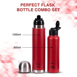 Pigeon Therminox Stark Plus Vacuum Insulated Flask 1000ml Red + Inox Hydra Red Single Walled Fridge Bottle 900ml Bottle Combo,(Red)