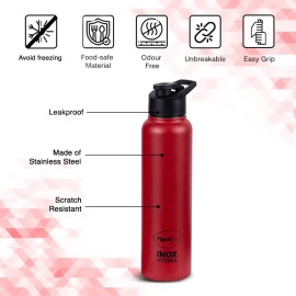 Pigeon Therminox Stark Plus Vacuum Insulated Flask 1000ml Red + Inox Hydra Red Single Walled Fridge Bottle 900ml Bottle Combo,(Red)