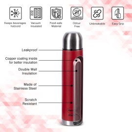 Pigeon Therminox Stark Plus Vacuum Insulated Flask 1000ml Red + Inox Hydra Red Single Walled Fridge Bottle 900ml Bottle Combo,(Red)