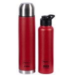 Pigeon Therminox Stark Plus Vacuum Insulated Flask 1000ml Red + Inox Hydra Red Single Walled Fridge Bottle 900ml Bottle Combo,(Red)