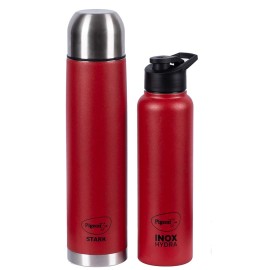 Pigeon Therminox Stark Plus Vacuum Insulated Flask 1000ml Red + Inox Hydra Red Single Walled Fridge Bottle 900ml Bottle Combo,(Red)
