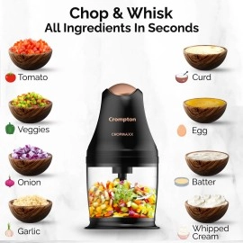 Crompton ChopMaxx Electric Vegetable Chopper | 300 Watts Motors | Twin S-Shaped Ninja food grade blades | 800 ml see through food grade bowl | Whisking attachment | Easy to clean & Store