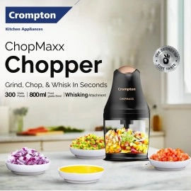 Crompton ChopMaxx Electric Vegetable Chopper | 300 Watts Motors | Twin S-Shaped Ninja food grade blades | 800 ml see through food grade bowl | Whisking attachment | Easy to clean & Store