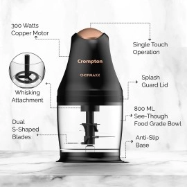 Crompton ChopMaxx Electric Vegetable Chopper | 300 Watts Motors | Twin S-Shaped Ninja food grade blades | 800 ml see through food grade bowl | Whisking attachment | Easy to clean & Store