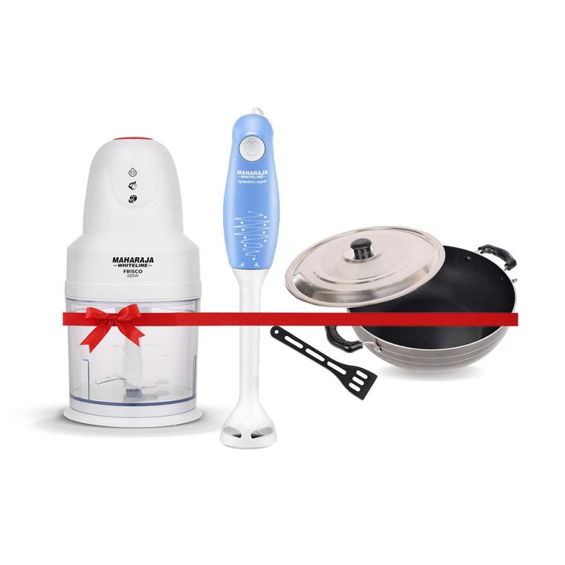 Maharaja Whiteline Frisco 800ml Electric Chopper + Nelkon 2.6mm Nonstick Fry Pan 275 + Maharaja Whiteline 175 Watt Hand Blender (Blue And White) Maharaja Whiteline Frisco 800ml Electric Chopper + Nelkon 2.6mm Nonstick Fry Pan 275 + Maharaja Whiteline 175 Watt Hand Blender (Blue And White)