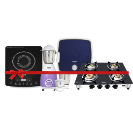 Maharaja Whiteline Belenus 4 Burner GS-111 Gas Cooktop + Maharaja Mixtron DLX Mixer Grinder with 3 jars 750W + Maharaja Whiteline 25 Ltr White and Blue Storage Water Geyser Cuatro + Maharaja Superion 18DX Induction Cooktop