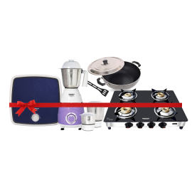 Maharaja Whiteline Belenus 4 Burner GS-111 Gas Cooktop + Maharaja Mixtron DLX Mixer Grinder with 3 jars 750W + Maharaja Whiteline 25 Ltr White and Blue Storage Water Geyser Cuatro + Nelkon Nonstick Deep Kadhai (Large 235 mm)