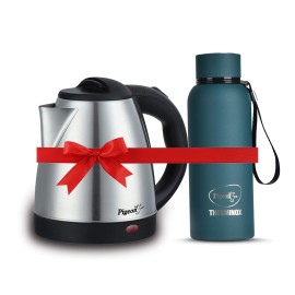 Pigeon 1.5 Liter Stainless Steel Hot Electric Kettle + Pigeon Croma Azure Stainless Steel Double Walled Leak Proof Thermos Flask 600 ml (Teal Blue)