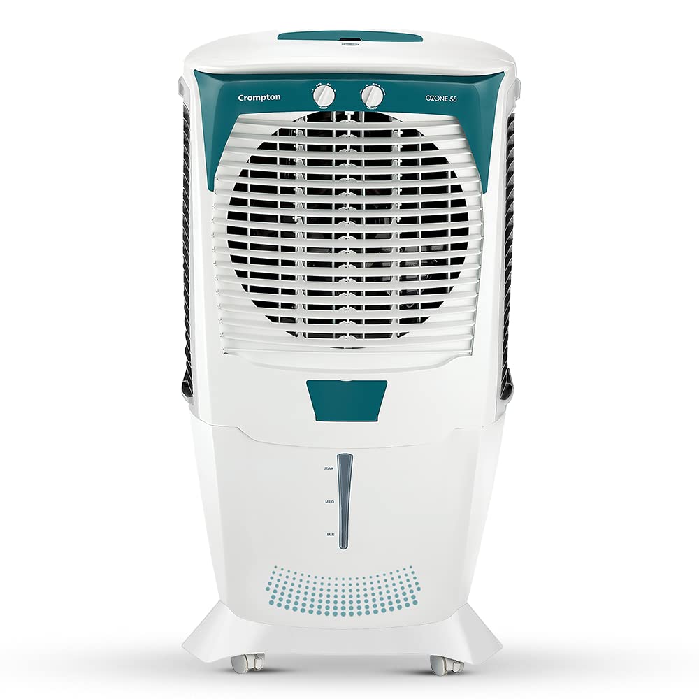 Crompton Ozone Desert Air Cooler- 55L with Everlast Pump, Auto Fill, 4-Way Air Deflection and High Density Honeycomb pads, White & Teal