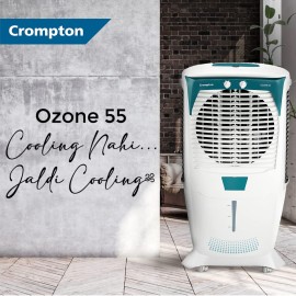Crompton Ozone Desert Air Cooler- 55L with Everlast Pump, Auto Fill, 4-Way Air Deflection and High Density Honeycomb pads, White & Teal