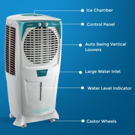 Crompton Ozone Desert Air Cooler- 75L with Everlast Pump, Auto Fill, 4-Way Air Deflection and High Density Honeycomb Pads White & Teal
