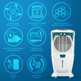 Crompton Ozone Desert Air Cooler- 75L with Everlast Pump, Auto Fill, 4-Way Air Deflection and High Density Honeycomb Pads White & Teal
