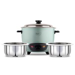 Pigeon Inox Rice Cooker with Double pot, 1 liters Stainless Steel Lid 400 Watts 2 Steel Cooking Pot Measuring Cup Spatula Energy Efficient Cooking