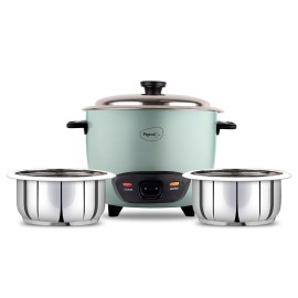 Pigeon Inox Rice Cooker with Double pot, 1 liters Stainless Steel Lid 400 Watts 2 Steel Cooking Pot Measuring Cup Spatula Energy Efficient Cooking