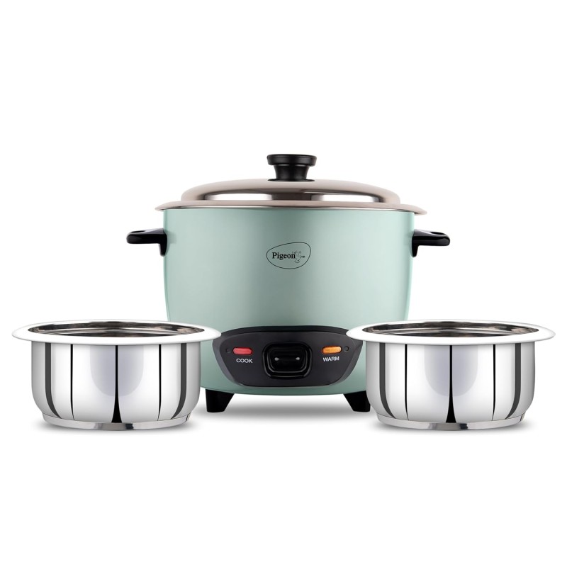 Pigeon Inox Rice Cooker with Double pot, 1 liters Stainless Steel Lid 400 Watts 2 Steel Cooking Pot Measuring Cup Spatula Energy Efficient Cooking