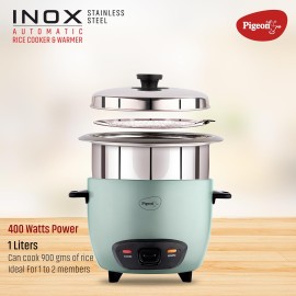 Pigeon Inox Rice Cooker with Double pot, 1 liters Stainless Steel Lid 400 Watts 2 Steel Cooking Pot Measuring Cup Spatula Energy Efficient Cooking
