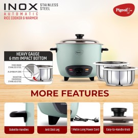 Pigeon Inox Rice Cooker with Double pot, 1 liters Stainless Steel Lid 400 Watts 2 Steel Cooking Pot Measuring Cup Spatula Energy Efficient Cooking