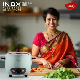 Pigeon Inox Rice Cooker with Double pot, 1 liters Stainless Steel Lid 400 Watts 2 Steel Cooking Pot Measuring Cup Spatula Energy Efficient Cooking