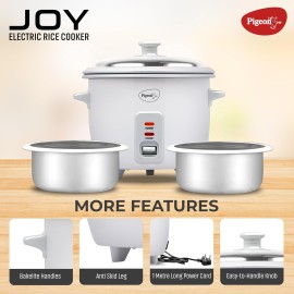Pigeon Joy Rice Cooker with Double pot, 0.6 liters (White) Stainless Steel Lid 350 Watts 2 Aluminium Cooking Pots Measuring Cup Spatula Energy Efficient Cooking