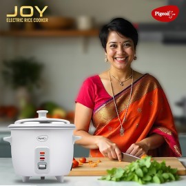 Pigeon Joy Rice Cooker with Double pot, 0.6 liters (White) Stainless Steel Lid 350 Watts 2 Aluminium Cooking Pots Measuring Cup Spatula Energy Efficient Cooking