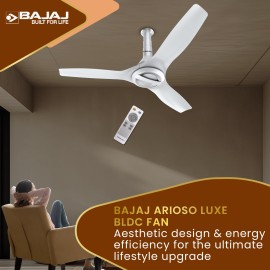 Bajaj Arioso Luxe 1200mm (48") BLDC Ceiling Fans for Home BEE 5 stars Rated Energy Efficient Ceiling Fan Aerodynamically Designed Blades Adjustable Canopy RF Remote 2-Yr Warranty White & Silver