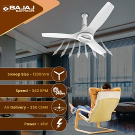 Bajaj Arioso Luxe 1200mm (48") BLDC Ceiling Fans for Home BEE 5-star Rated Energy Efficient Ceiling Fan Aerodynamically Designed Blades Adjustable Canopy RF Remote 2-Yr Warranty White
