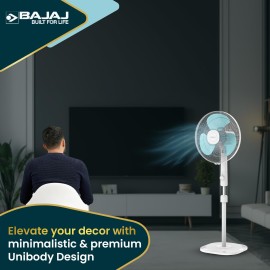 Bajaj Armor Series Fuzion 400mm Pedestal Fan for Home Dura Breeze Pro Technology 3 Years Comprehensive Warranty Surge Protection 100% Copper Motor High Air Delivery - White BlueTint