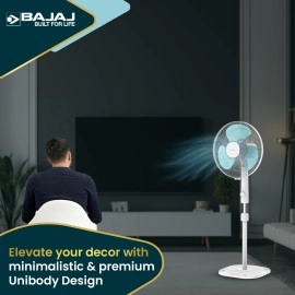 Bajaj Armor Series Fuzion 400mm Pedestal Fan for Home Dura Breeze Pro Technology 3 Years Comprehensive Warranty Surge Protection 100% Copper Motor High Air Delivery - White BlueTint