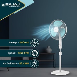 Bajaj Armor Series Fuzion 400mm Pedestal Fan for Home Dura Breeze Pro Technology 3 Years Comprehensive Warranty Surge Protection 100% Copper Motor High Air Delivery - White BlueTint