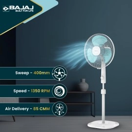 Bajaj Armor Series Fuzion 400mm Pedestal Fan for Home Dura Breeze Pro Technology 3 Years Comprehensive Warranty Surge Protection 100% Copper Motor High Air Delivery - White BlueTint