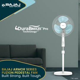 Bajaj Armor Series Fuzion 400mm Pedestal Fan for Home Dura Breeze Pro Technology 3 Years Comprehensive Warranty Surge Protection 100% Copper Motor High Air Delivery - White BlueTint